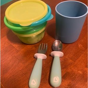 Baby spoon, fork, open cup and bowls